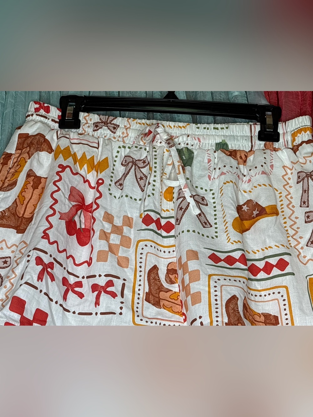 White Printed Athletic Drawstring Shorts with Western Motif - Picture 2 of 5